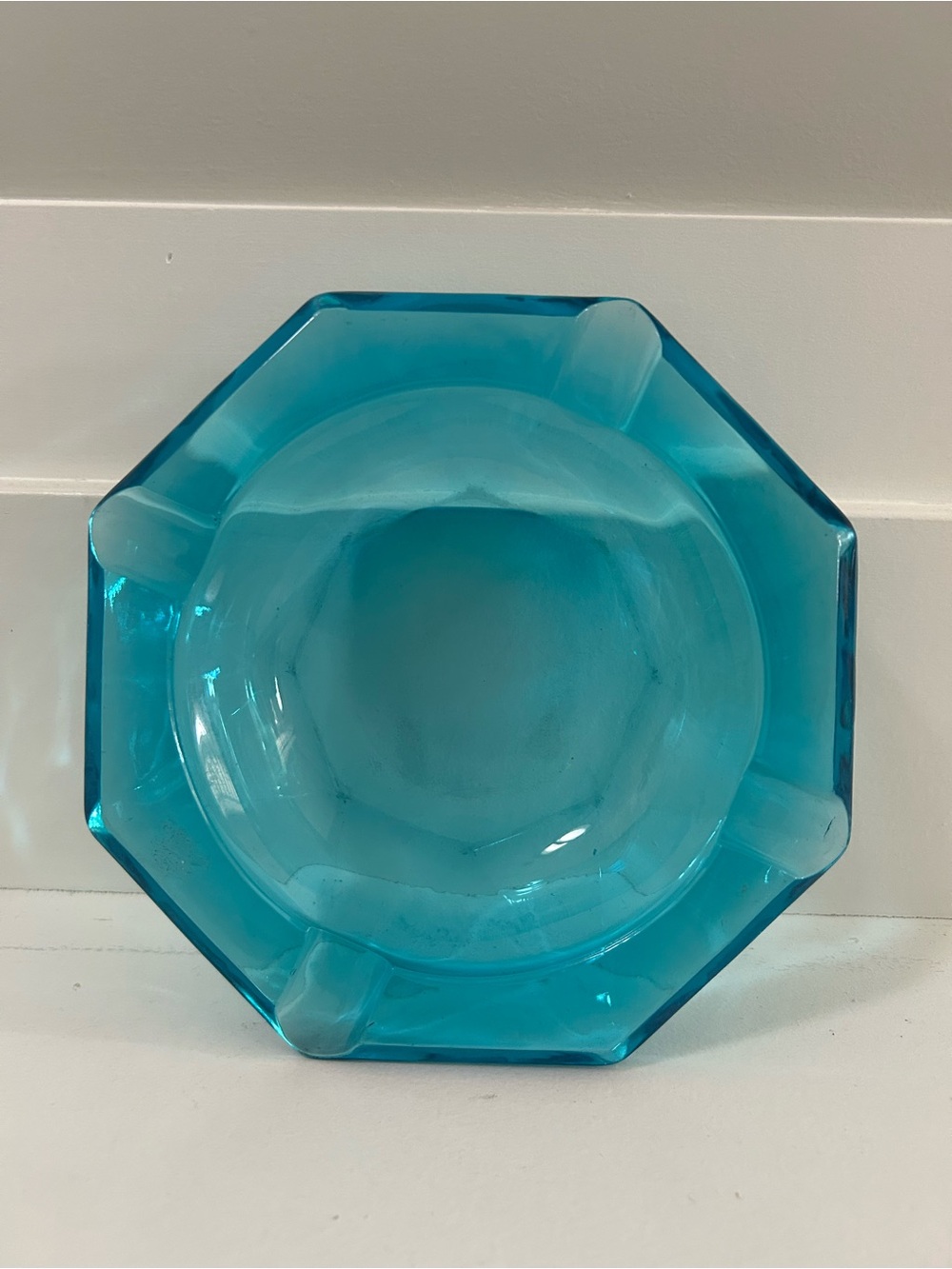Vtg Blue Glow Glass Mid Century Modern Octagonal Ashtray